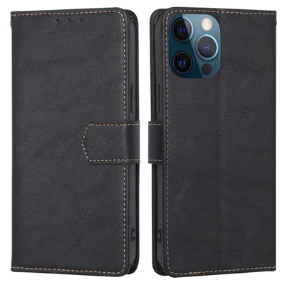 For iPhone 15 Pro Magnetic Clasp Folio Flip PU Leather Wallet Case Cell Phone Foldable Stand Cover - Black