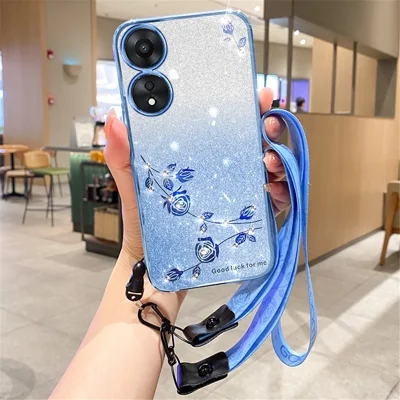 KADEM Custodia Protettiva per Oppo A58 5G / A58x 5G / A78 5G / A1x 5G, Design con Fiori e Diamantini Scintillanti, Cover in TPU con Laccetto - Blu
