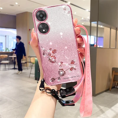 KADEM pour Oppo A17 4G / A17k 4G Étui arrière en TPU résistant aux chocs avec strass, décoration florale scintillante et design avec dragonne - Or rose