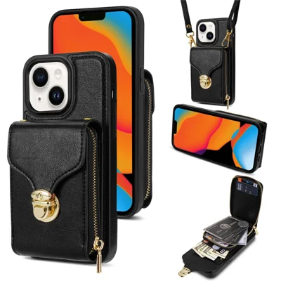 For iPhone 15 Card Slot Phone Case PU Leather Coated TPU Zipper Pocket Kickstand Cover with Shoulder Strap - Black