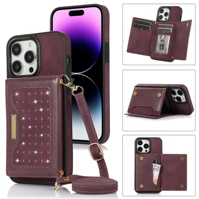 Para iPhone 15 Pro RFID Blocking Kickstand Cover PU Leather + TPU Rhinestone Decor Wallet Phone Case with Shoulder Strap - Vermelho