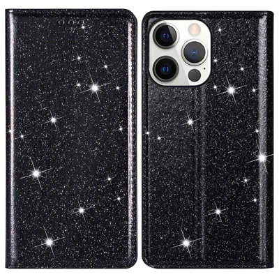 For iPhone 15 Pro Max Card Holder Phone Cover Glitter PU Leather Stand Smartphone Case - Black