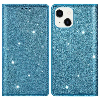 For iPhone 15 Plus Card Holder Phone Leather Case Full Protection Stand Glitter Phone Cover - Blue
