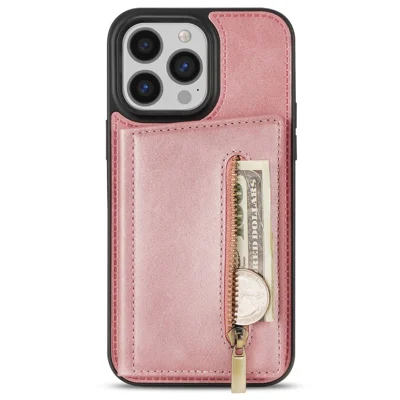 For iPhone 15 Pro Max Zipper Pocket Phone Case Kickstand Wallet PU Leather Coated TPU Cover - Rose Gold