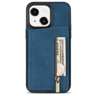 For iPhone 15 Plus Zipper Pocket Leather Coated TPU Phone Case Wallet Phone Kickstand Cover - Blue