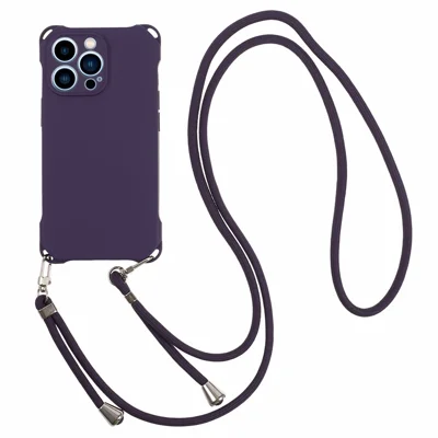 For iPhone 12 Pro Max Soft TPU Mobile Phone Case Four Corner Shockproof Cell Phone Cover with 150cm Hanging Rope - Dark Purple