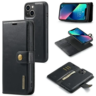 DG.MING For iPhone 15 Anti-Scratch Split Leather Wallet Stand Cover Detachable Magnetic Phone Case Shell - Black