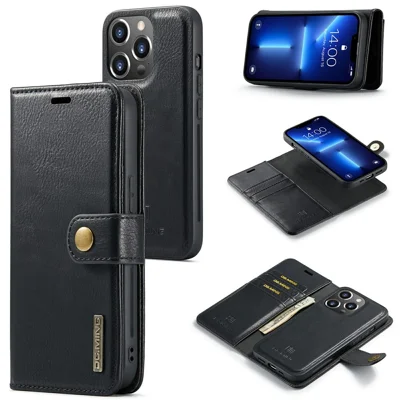 DG.MING Pour iPhone 15 Pro Max Étui magnétique amovible antichute Portefeuille en cuir fendu Support - Noir