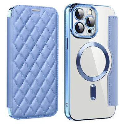 For iPhone 11 Pro Max RFID Blocking Anti Fall Cover with Lens Film Rhombus Leather Card Holder Case Compatible with MagSafe - Baby Blue