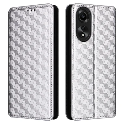 Leer portemonnee hoes voor Oppo A78 4G, Ruitvormig ingeprinte standaard beschermhoes - Zilver