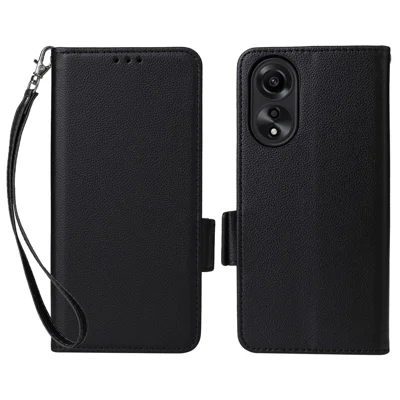 Für Oppo A78 4G Litchi Textur Wallet Handy Hülle PU Leder Ständer Handy Cover mit Gurt - Schwarz