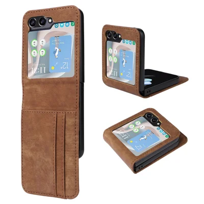 For Samsung Galaxy Z Flip5 5G Card Slots Phone Case Two-piece Design PU Leather Protective Cover - Brown
