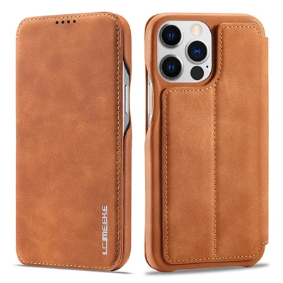 LC.IMEEKE Für iPhone 15 Pro Leder-Ständer-Handyhülle Stoßfest Kartenfach-Cover - Braun