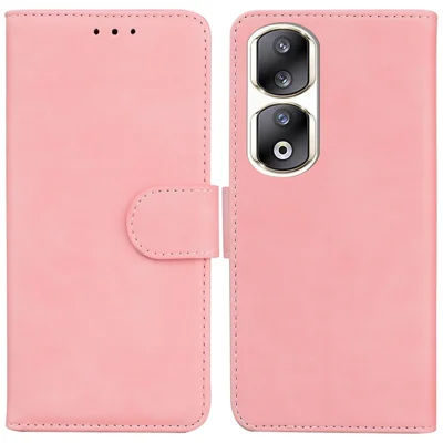 Solid Color PU Leather Phone Case for Honor 90 Pro Wallet Cell Phone Protective Cover with Stand - Pink