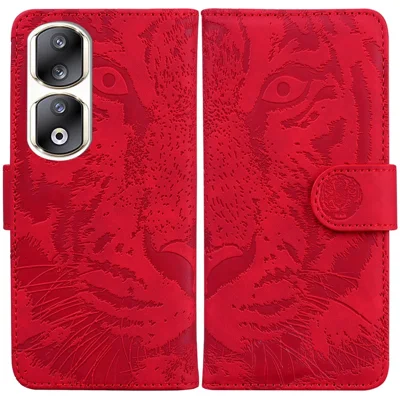 Tiger Imprint PU Leather Folio Flip Cover for Honor 90 Pro Wallet Phone Shell Protective Phone Case - Red