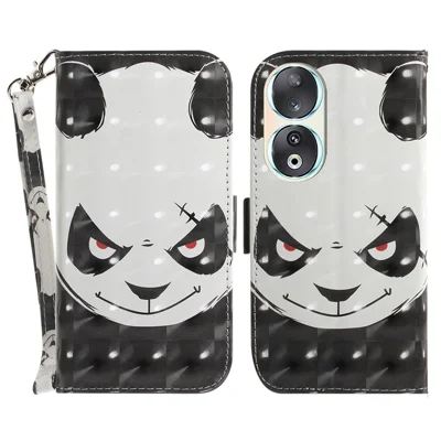 For Honor 90 PU Leather 3D Pattern Printed Phone Case Stand Wallet Drop-proof Cover with Strap - Angry Panda