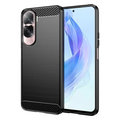 Étui de téléphone en fibre de carbone TPU flexible pour Honor 90 Lite 5G / X50i 5G, Housse arrière antidérapante à surface brossée - Noir