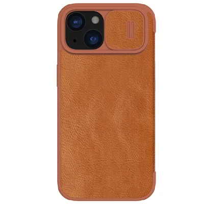 NILLKIN Qin Pro Series for iPhone 15 Plus Slide Camera Lid PU Leather Phone Case Protective Cover with Card Slot - Brown