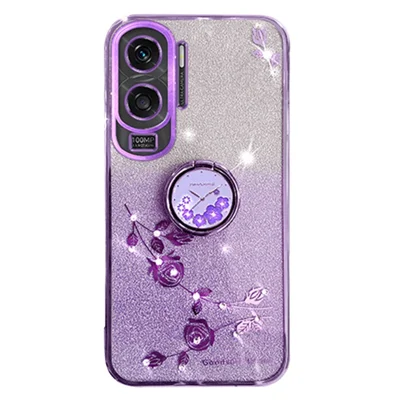 KADEM For Honor X50i 5G / Honor 90 Lite 5G Flower Decor TPU Cover Glitter Ring Kickstand Phone Case Shell - Purple