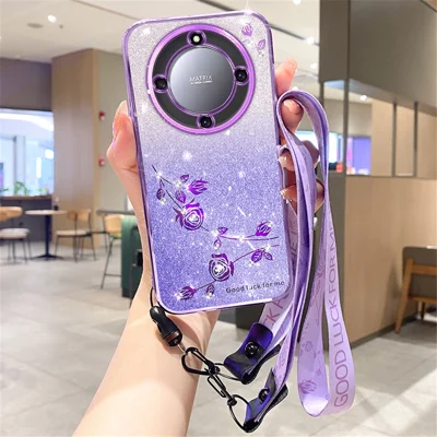 KADEM For Honor X40 5G / X9a 5G / Magic5 Lite 5G Protective Case Glitter Rhinestone Decor Flower Pattern TPU Phone Cover with Strap - Purple