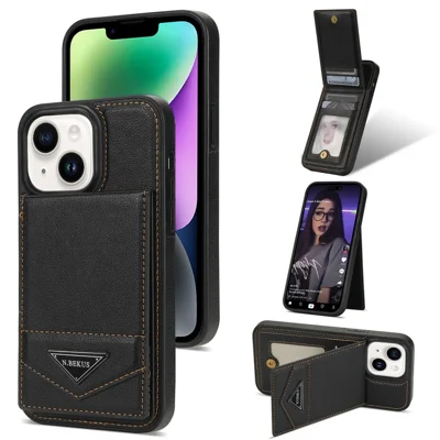 N.BEKUS For iPhone 14 RFID Blocking PU Leather+TPU Phone Case Card Slots Kickstand Cover - Black