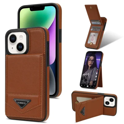 N.BEKUS For iPhone 14 Plus RFID Blocking PU Leather Coated TPU Phone Case Card Slots Kickstand Cover - Brown