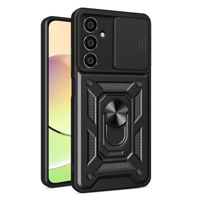 Для Samsung Galaxy S23 FE Slide Lens Lid PC+TPU Phone Case Ring Kickstand Back Cover - Black