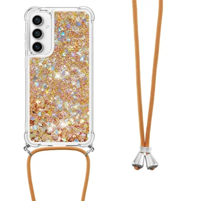 Funda TPU para Samsung Galaxy S23 FE, diseño de arena movediza con cordón - Dorado / Corazones