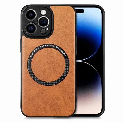 Pour iPhone 15 Pro Max Étui de téléphone magnétique compatible avec MagSafe Revêtement en cuir PU Housse PC+TPU - Brun