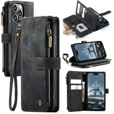 For iPhone 15 Pro Phone Cases with Strap CASEME C30 Zipper Multiple Card Holder PU Leather Cover - Black