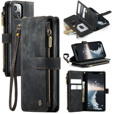 For iPhone 15 Phone Cases with Strap CASEME C30 Zipper Multiple Card Holder PU Leather Cover - Black