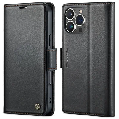 Für iPhone 15 Pro Ledertasche CASEME 023 RFID-Schutz 3 Kartenfächer Handyhülle - Schwarz