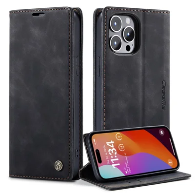 CASEME 013 Серия для iPhone 15 Pro Max Кожаный чехол-кошелек с подставкой и магнитным замком - Черный