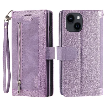 For iPhone 15 Plus Wallet Stand Cover Zipper Pocket 9 Card Slots Phone Shell PU Leather Case - Purple