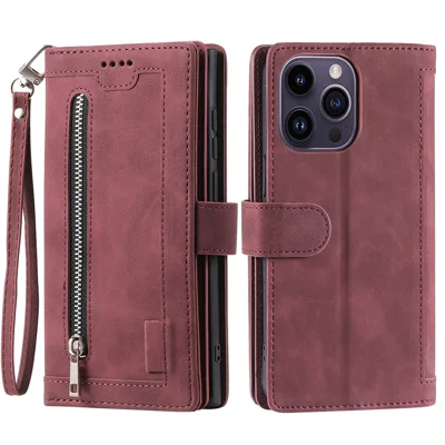 For iPhone 15 Pro Max Zipper Pocket 9 Card Slots Phone Shell PU Leather Wallet Stand Cover Case - Wine Red