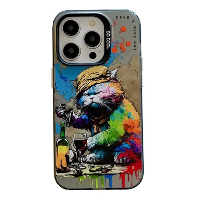 For iPhone 13 Pro Max Graffiti Animal Pattern Case PC+TPU Shock Absorbing Phone Cover - Drinking Cat