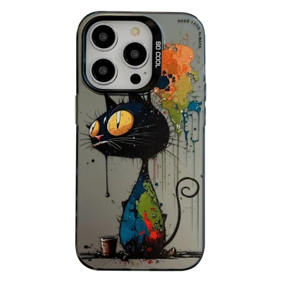 For iPhone 13 Pro Animal Pattern Printing Phone Case Graffiti Art PC+TPU Shockproof Cover - Black Cat