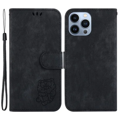 For iPhone 15 Pro Cute Tiger Pattern Imprinted PU Leather Anti-drop Cover Wallet Stand Phone Case - Black