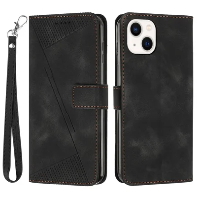 For iPhone 15 Plus Imprinted Triangle Pattern PU Leather Phone Case Stand Wallet Cover with Hand Strap - Black