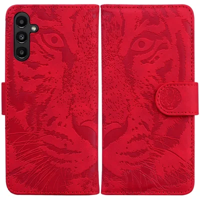 Protective Case for Samsung Galaxy A25 5G (Global) (161.0 x 76.5 x 8.3mm) , Tiger Imprint PU Leather Folio Flip Cover Wallet Phone Shell - Red