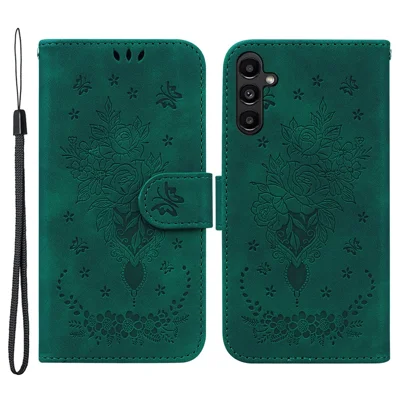 For Samsung Galaxy A25 5G (Global) (161.0 x 76.5 x 8.3mm) Rose Butterfly Imprinted Shockproof Phone Shell Leather Wallet Stand Cover - Green