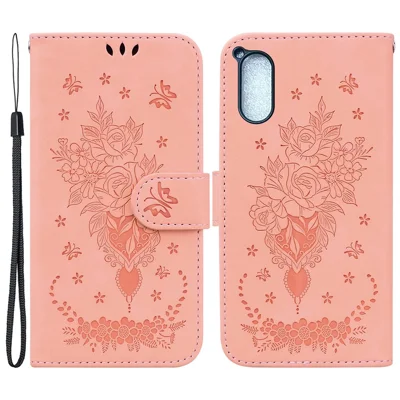 For Sony Xperia 5 V Rose Butterfly Imprinted Phone Case Wallet Stand Leather Phone Cover - Pink