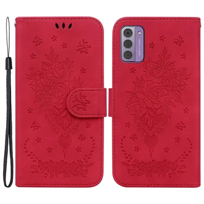 Rose Butterfly Imprinted Case for Nokia G42 , Fall Protection PU Leather Wallet Stand Phone Cover - Red