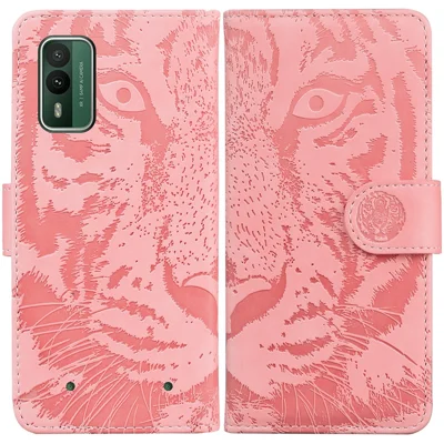 Tigertryk Dæksel til Nokia XR21 Stødfast PU Læder Wallet Stå-telefon Beskyttelsesomkranse - Pink
