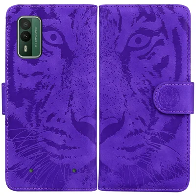 Tijgerprint hoes voor Nokia XR21 Stootvaste PU Leren Portemonnee Stand Telefoonbeschermer - Paars