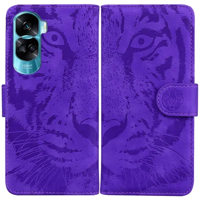 PU Leather Phone Case for Honor 90 Lite 5G / X50i 5G , Tiger Imprinted Wallet Stand Protective Cover - Purple