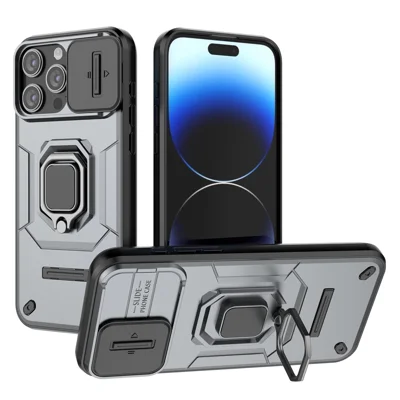Anti-scratch Shell for iPhone 14 Pro , PC+TPU Phone Case Slide Lens Protection Kickstand Back Cover - Grey