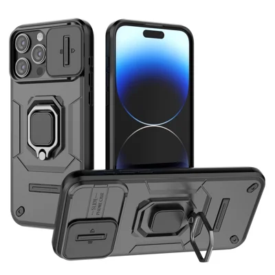 Shockproof Shell for iPhone 14 Pro Max , PC+TPU Phone Case Slide Lens Protection Kickstand Back Cover - Black