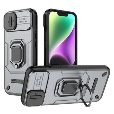 Funda de teléfono celular para iPhone 14 Plus, funda de teléfono PC+TPU con protección de lente deslizable y soporte - Gris