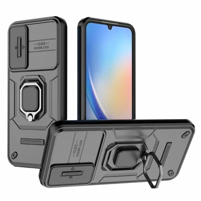 PC+TPU Back Shell for Samsung Galaxy A34 5G , Phone Case Slide Lens Protection Bump Proof Kickstand Cover - Black